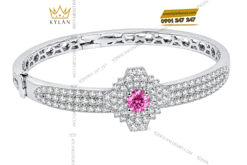 Vòng tay vàng trắng Au750 đính kim cương và sapphire hồng