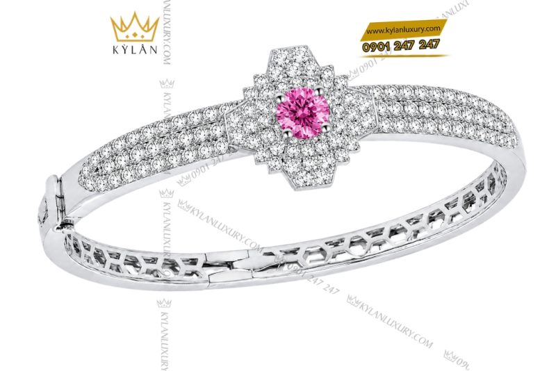 Vòng tay vàng trắng Au750 đính kim cương và sapphire hồng