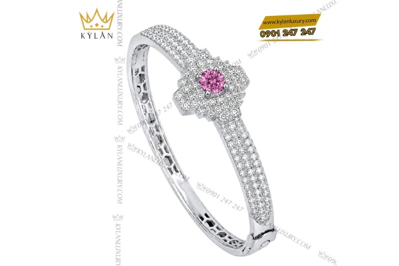 Vòng tay vàng trắng Au750 đính kim cương và sapphire hồng