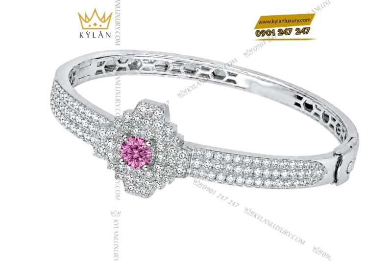Vòng tay vàng trắng Au750 đính kim cương và sapphire hồng