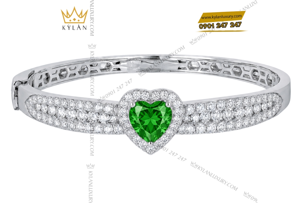 Vòng tay vàng trắng Au750 đính sapphire xanh lá