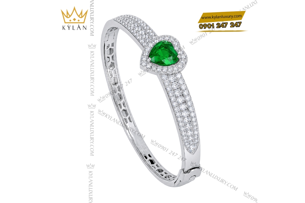 Kỳ Lân Luxury Vong tay vang trang Au750 dinh sapphire xanh la 3 Vòng tay vàng trắng Au750 đính sapphire xanh lá