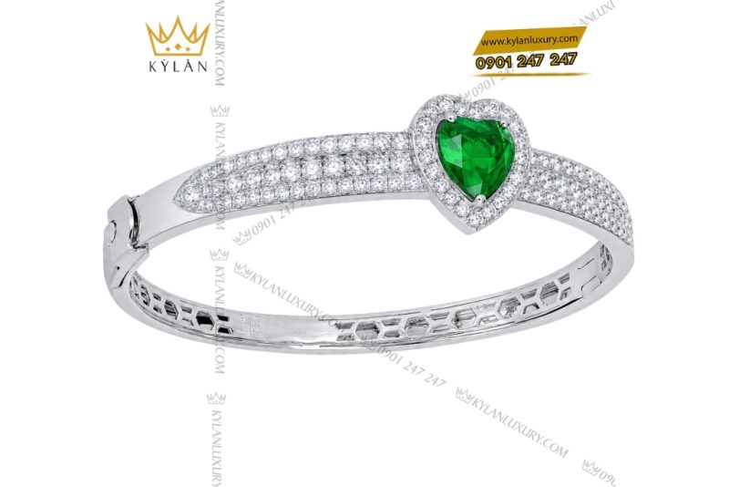 Vòng tay vàng trắng Au750 đính sapphire xanh lá