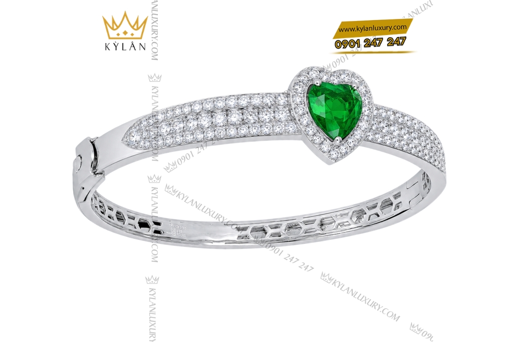 Vòng tay vàng trắng Au750 đính sapphire xanh lá
