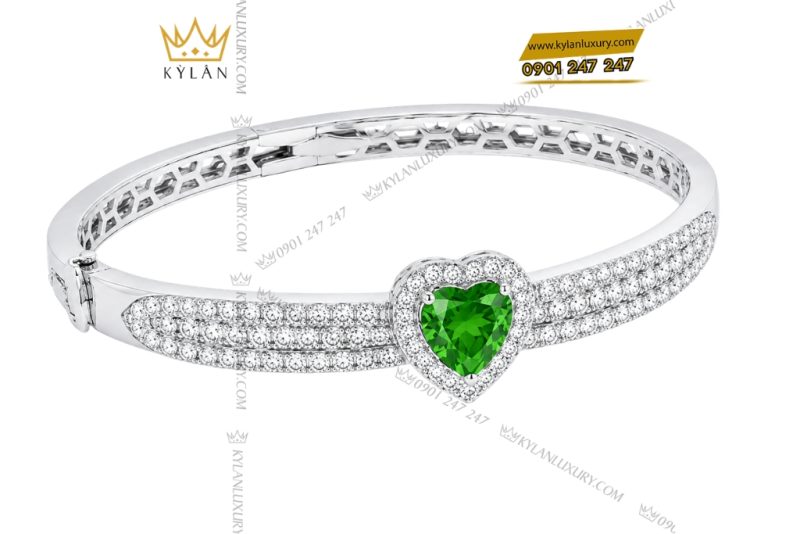 Vòng tay vàng trắng Au750 đính sapphire xanh lá