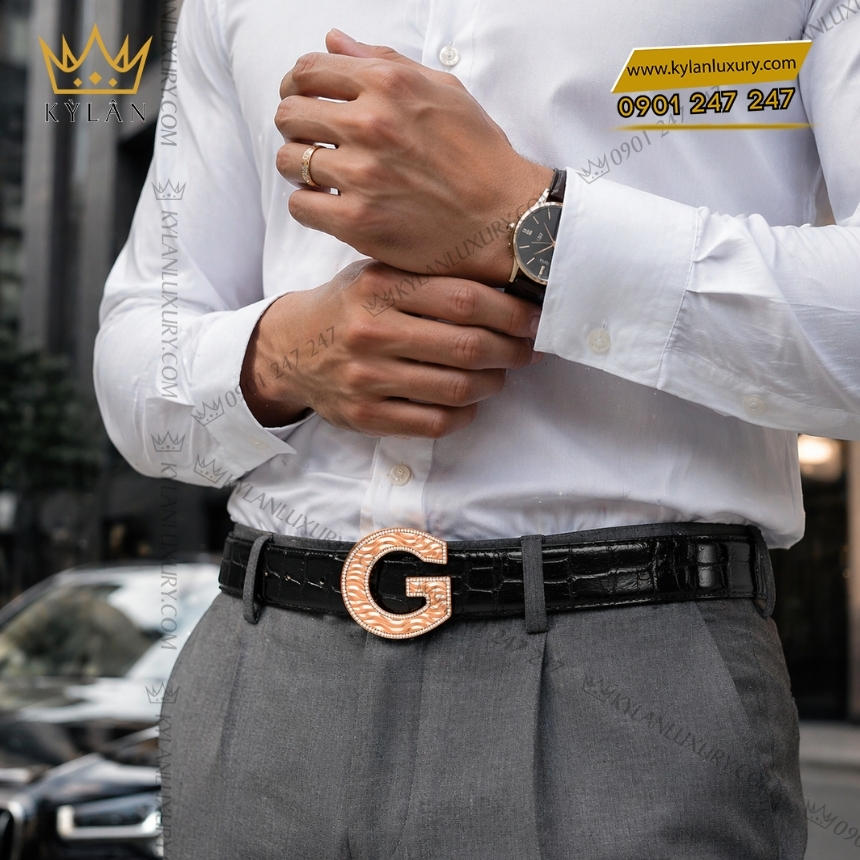 Kỳ Lân Luxury mat that lung chu g vang hong hoa tiet vien kim cuong 2 Mặt thắt lưng chữ G vàng hồng họa tiết viền kim cương