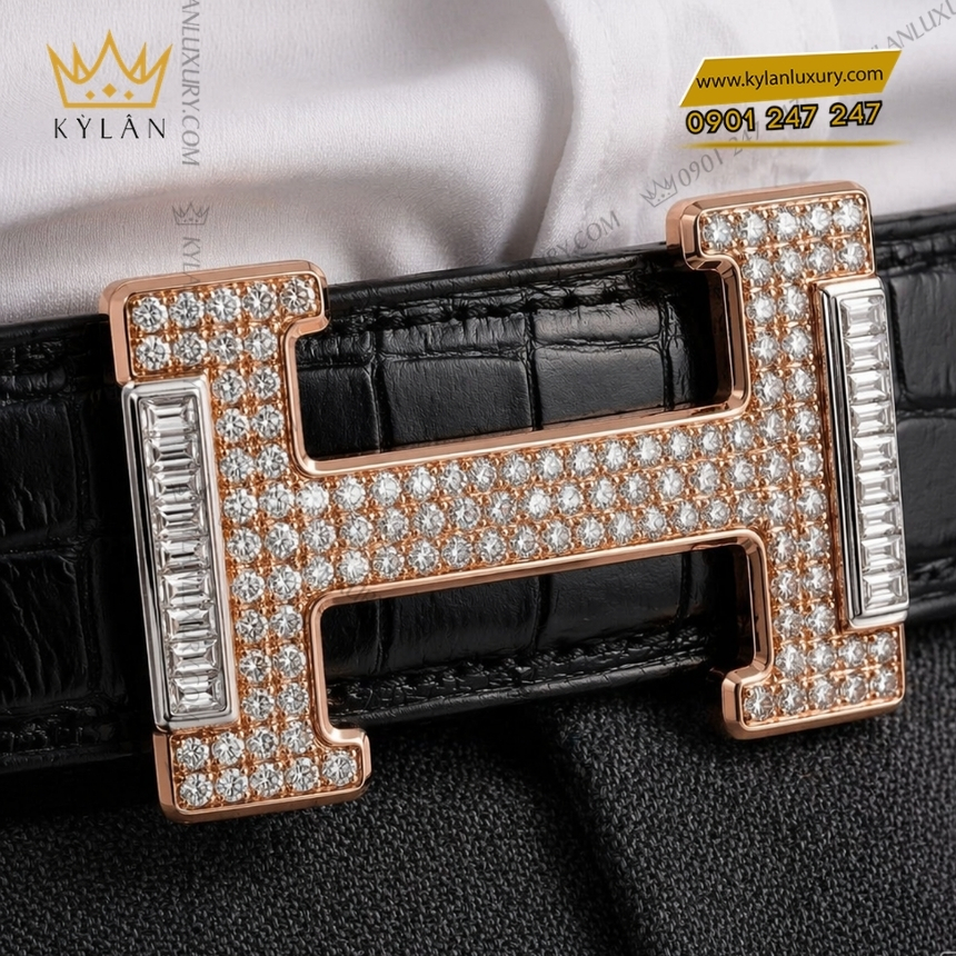 Kỳ Lân Luxury mat that lung chu h vang hong mix vang trang full kim cuong 9 Mặt thắt lưng chữ H vàng hồng mix vàng trắng full kim cương