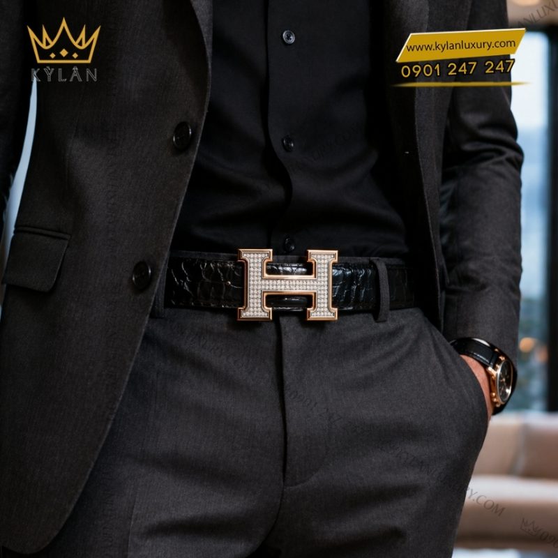 Mặt thắt lưng chữ H vàng trắng viền vàng hồng đính kim