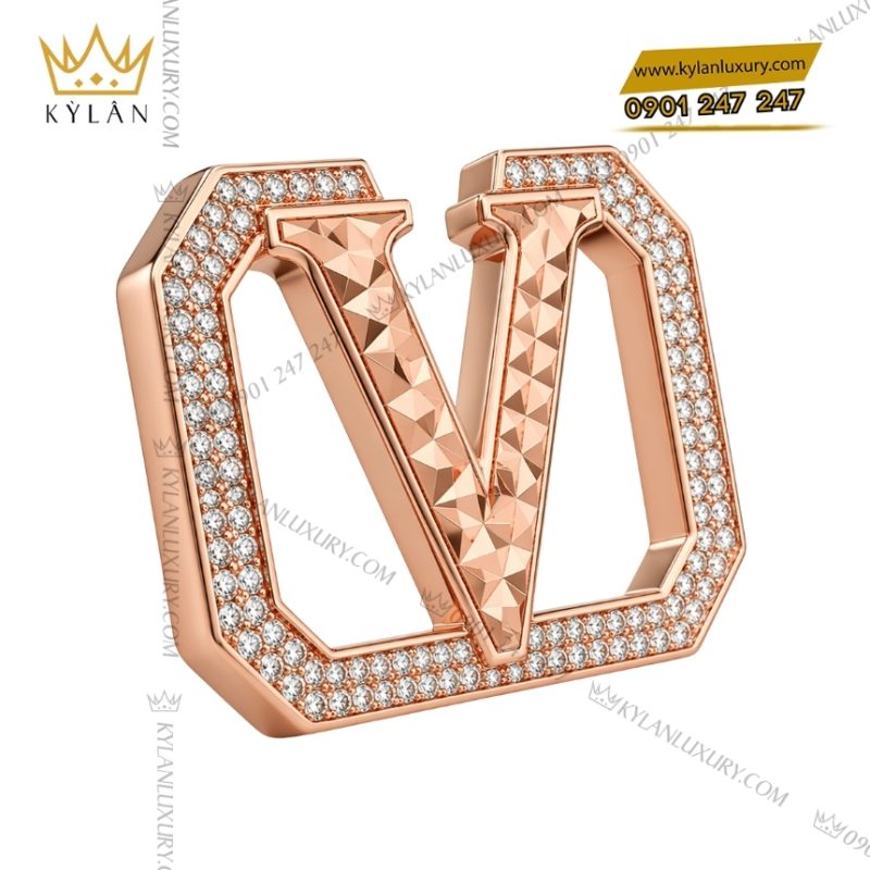 Mặt thắt lưng chữ V vàng hồng họa tiết kim cương