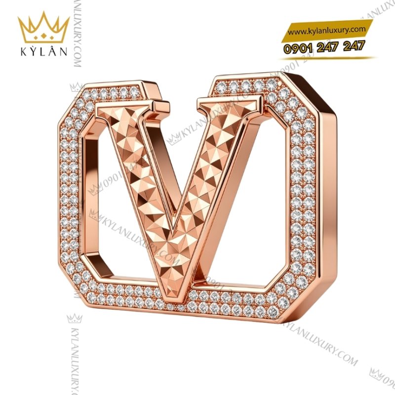 Mặt thắt lưng chữ V vàng hồng họa tiết kim cương