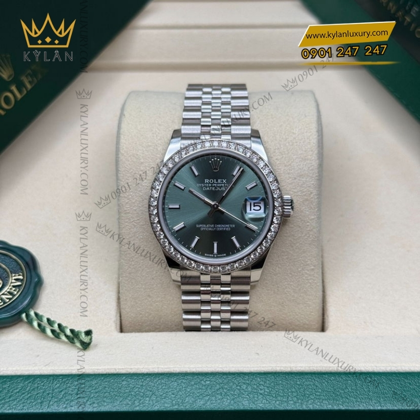 Kỳ Lân Luxury rolex datejust 31 278384rbr 0022 xanh bac ha kim cuong 2 Đồng hồ Rolex Datejust 31 xanh bạc hà vành kim 278384RBR-0022