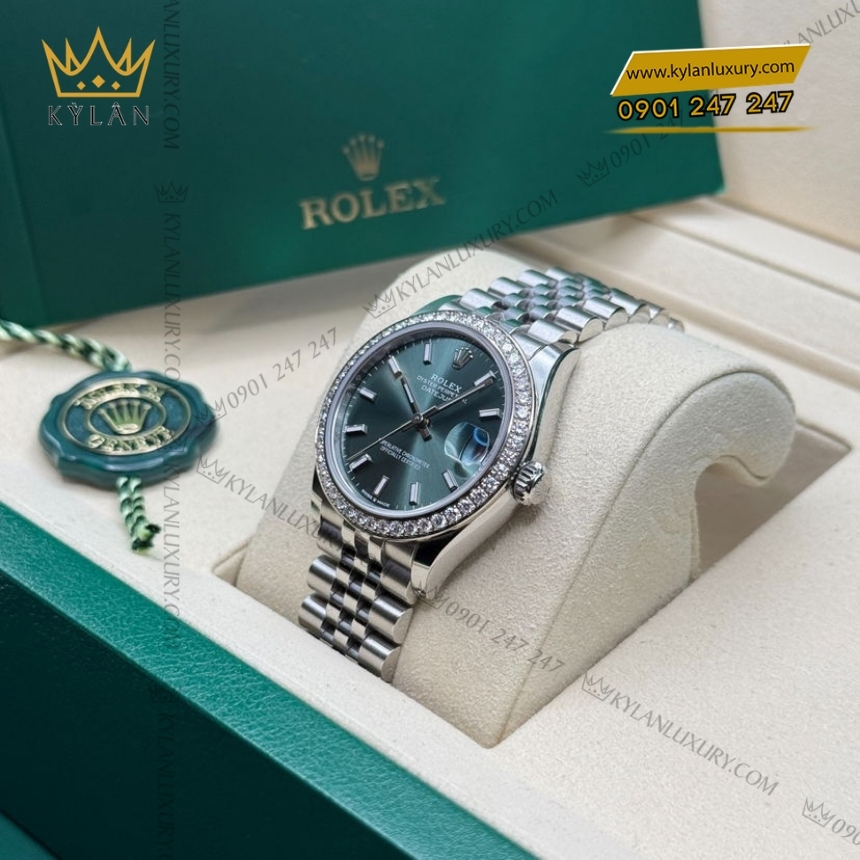 Kỳ Lân Luxury rolex datejust 31 278384rbr 0022 xanh bac ha kim cuong 3 Đồng hồ Rolex Datejust 31 xanh bạc hà vành kim 278384RBR-0022