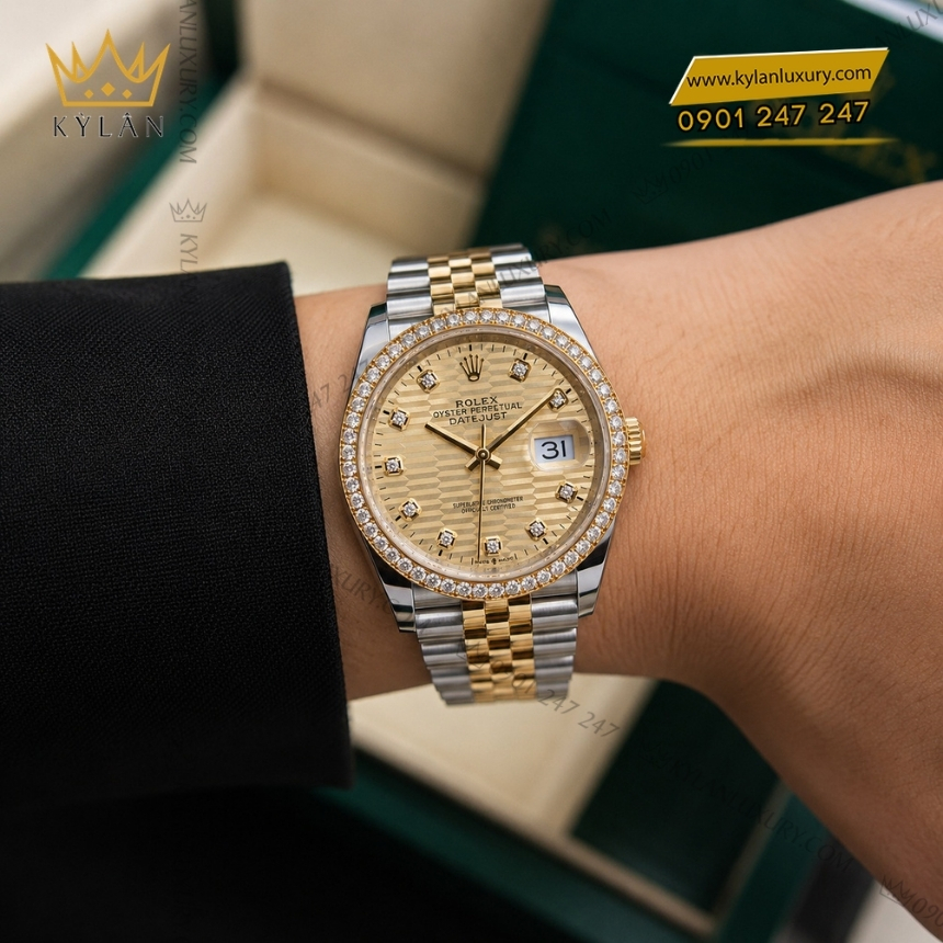 Kỳ Lân Luxury rolex datejust 36 126283rbr 0031 xep gach kim cuong 2 Đồng hồ Rolex Datejust 36 mặt xếp gạch kim cương 126283RBR-0031