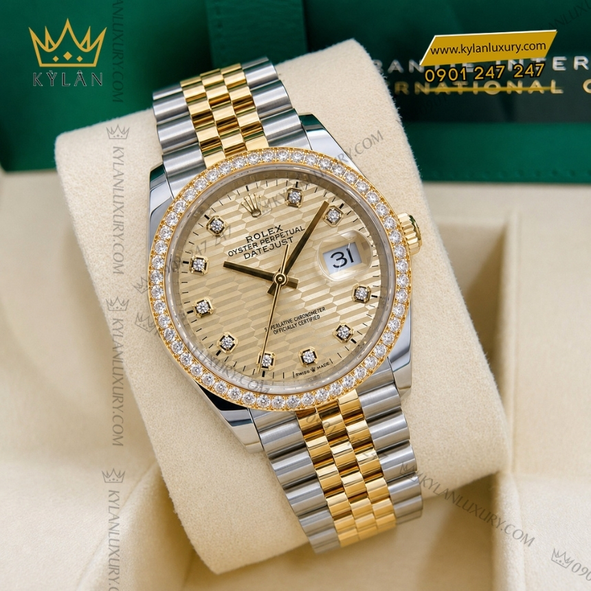 Kỳ Lân Luxury rolex datejust 36 126283rbr 0031 xep gach kim cuong 3 Đồng hồ Rolex Datejust 36 mặt xếp gạch kim cương 126283RBR-0031