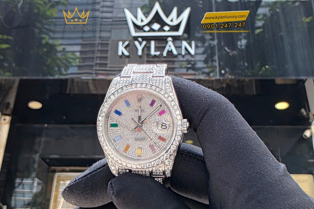 Kỳ Lân Luxury rolex datejust 36 custom kim cuong rainbow 13 Đồng hồ Rolex Datejust 36 custom kim cương rainbow