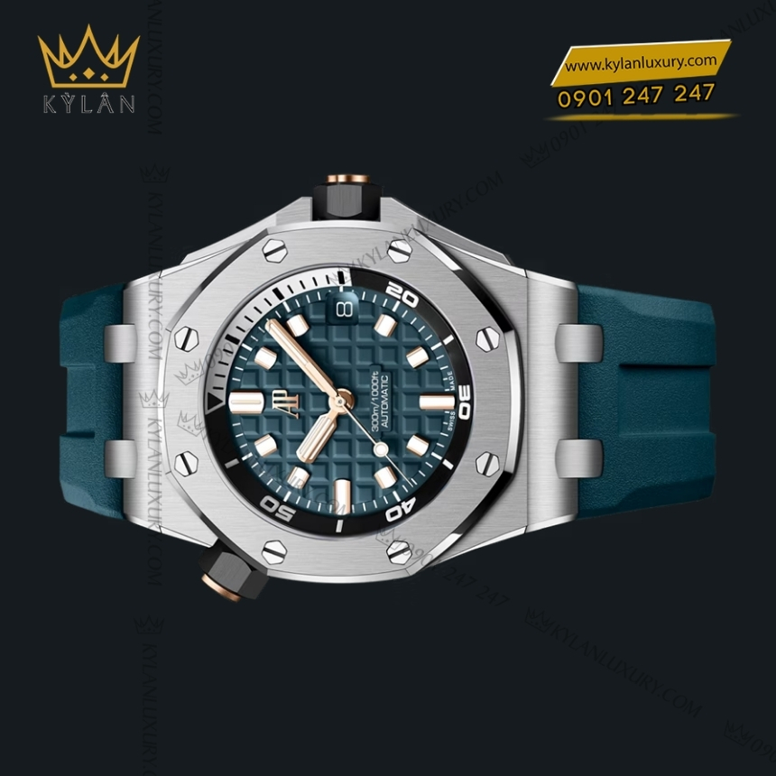 Kỳ Lân Luxury royal oak offshore diver xanh duong phoi vang hong 6 Đồng hồ Royal Oak Offshore Diver xanh dương phối vàng hồng 42mm