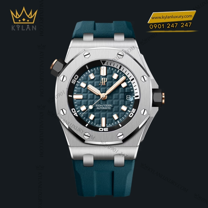 Kỳ Lân Luxury royal oak offshore diver xanh duong phoi vang hong 7 Đồng hồ Royal Oak Offshore Diver xanh dương phối vàng hồng 42mm