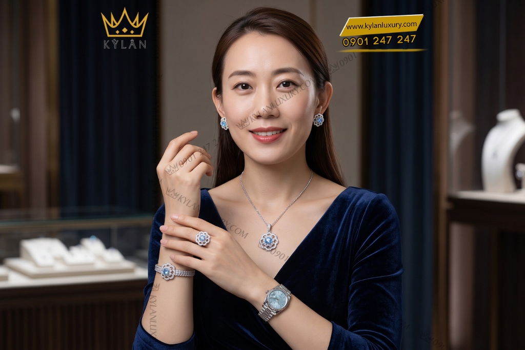 Bộ trang sức kim cương đính đá Topaz 