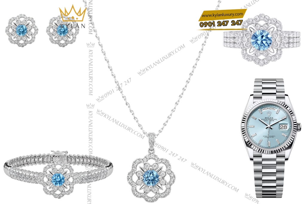 Kỳ Lân Luxury Bo trang suc kim cuong dinh da Topaz 2 Bộ trang sức kim cương đính đá Topaz