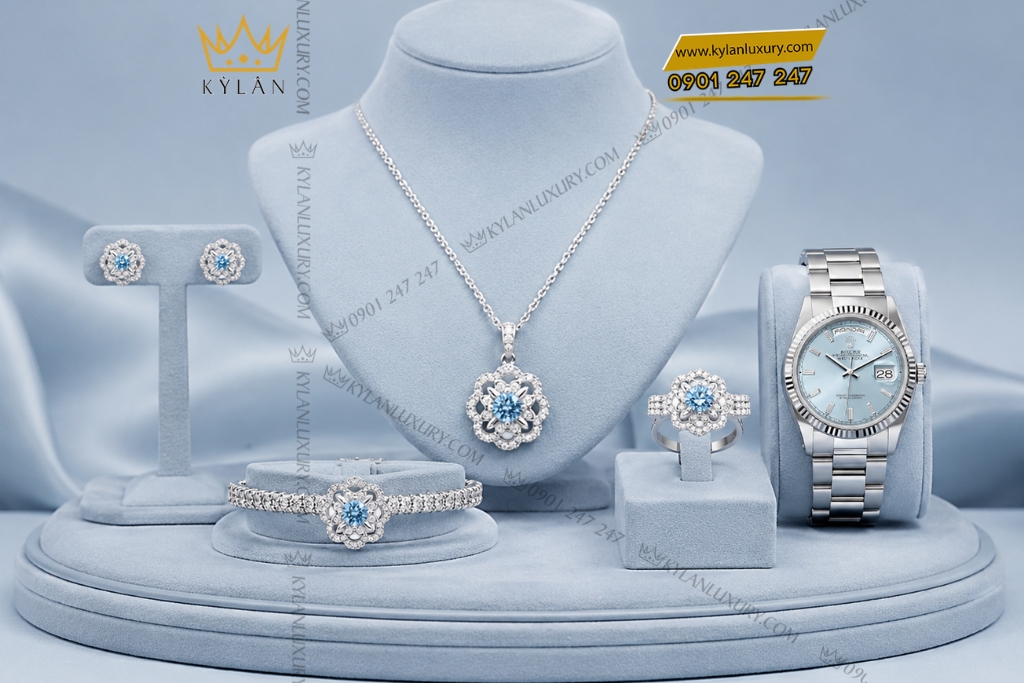 Bộ trang sức kim cương đính đá Topaz 