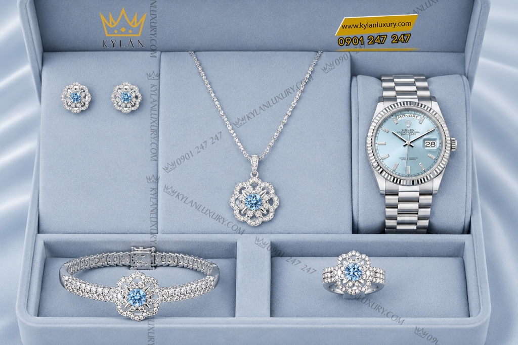 Kỳ Lân Luxury Bo trang suc kim cuong dinh da Topaz 9 Bộ trang sức kim cương đính đá Topaz