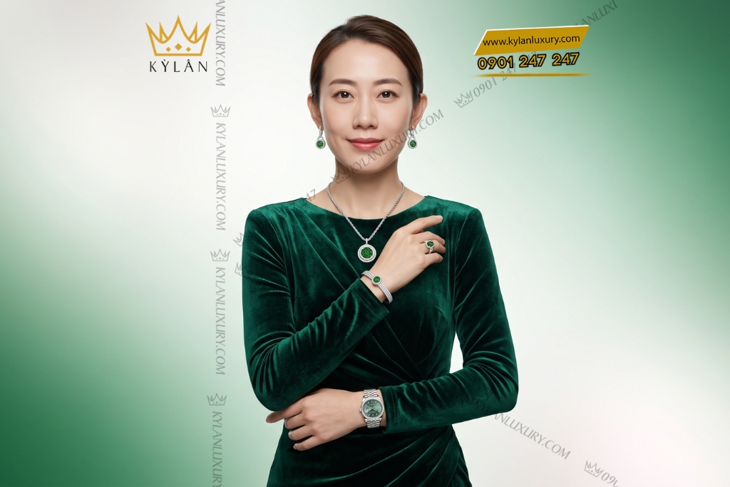 Kỳ Lân Luxury Bo trang suc kim cuong dinh da ngoc luc 10 Bộ trang sức kim cương đính đá ngọc lục