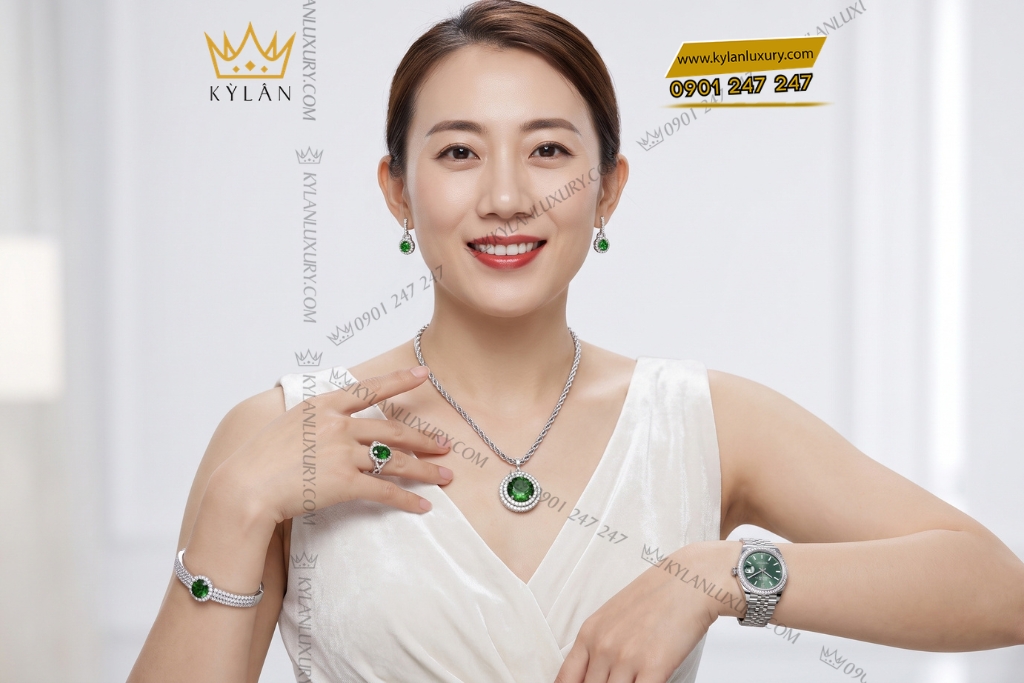 Bộ trang sức kim cương đính đá ngọc lục