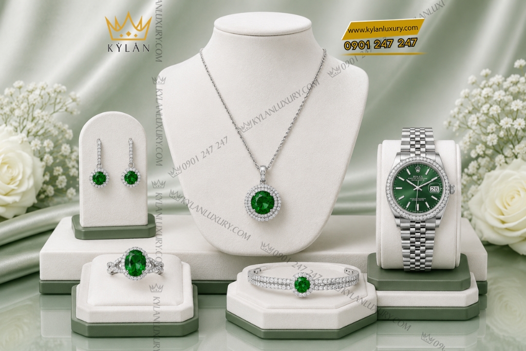 Bộ trang sức kim cương đính đá ngọc lục