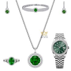Bộ trang sức kim cương đính đá ngọc lục