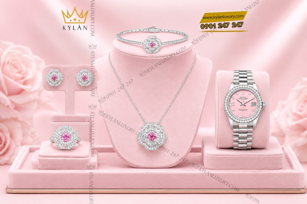 Bộ trang sức kim cương đính sapphire