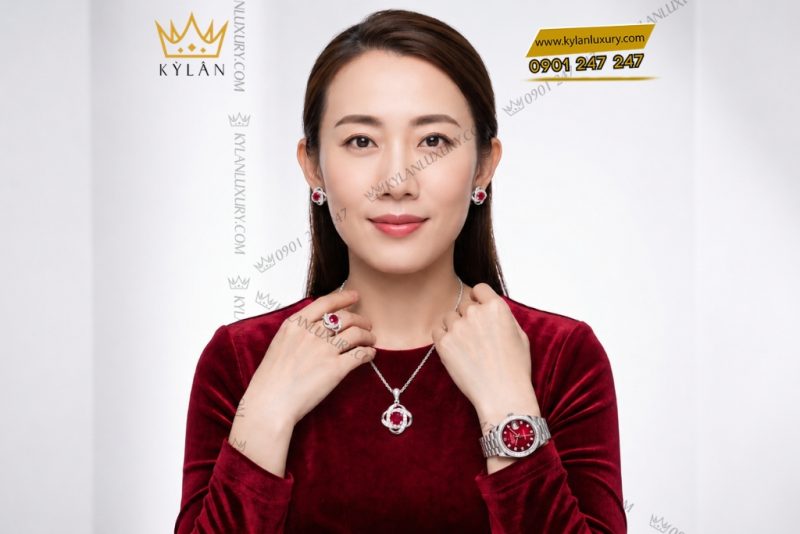 Bộ trang sức kim cương đính sapphire đỏ