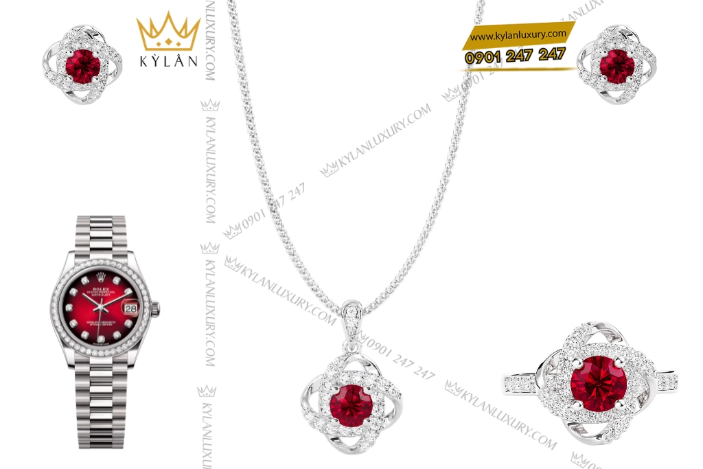 Kỳ Lân Luxury Bo trang suc kim cuong dinh sapphire do 1 Bộ trang sức kim cương đính sapphire đỏ