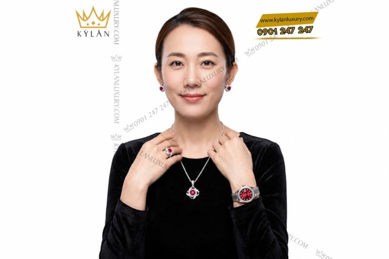Bộ trang sức kim cương đính sapphire đỏ