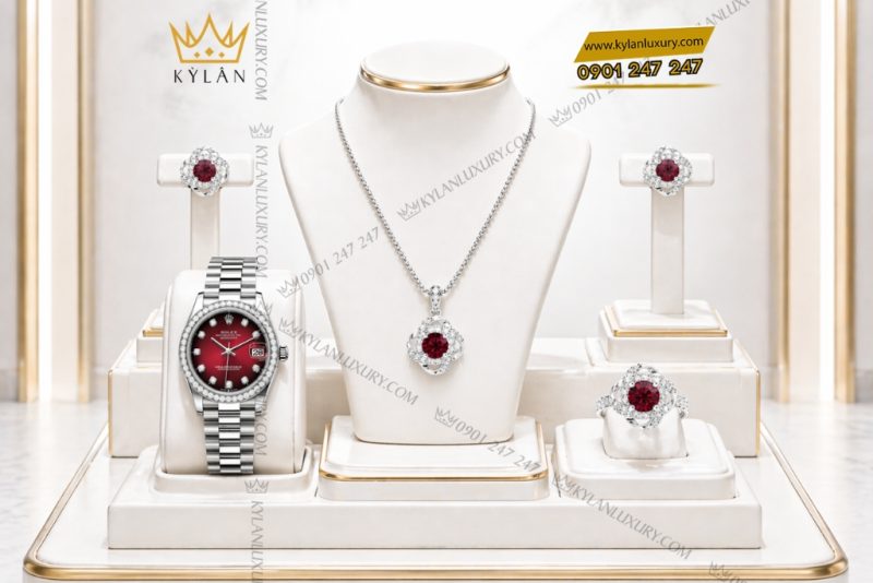 Bộ trang sức kim cương đính sapphire đỏ