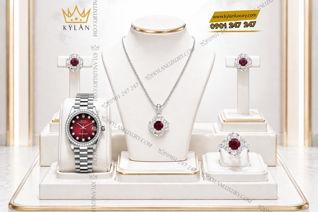 Kỳ Lân Luxury Bo trang suc kim cuong dinh sapphire do 7 Bộ trang sức kim cương đính sapphire đỏ