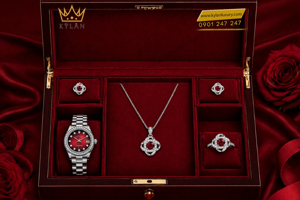 Kỳ Lân Luxury Bo trang suc kim cuong dinh sapphire do 8 Bộ trang sức kim cương đính sapphire đỏ