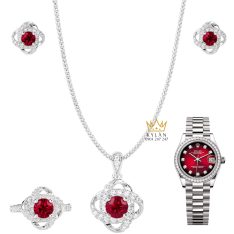 Bộ trang sức kim cương đính sapphire đỏ