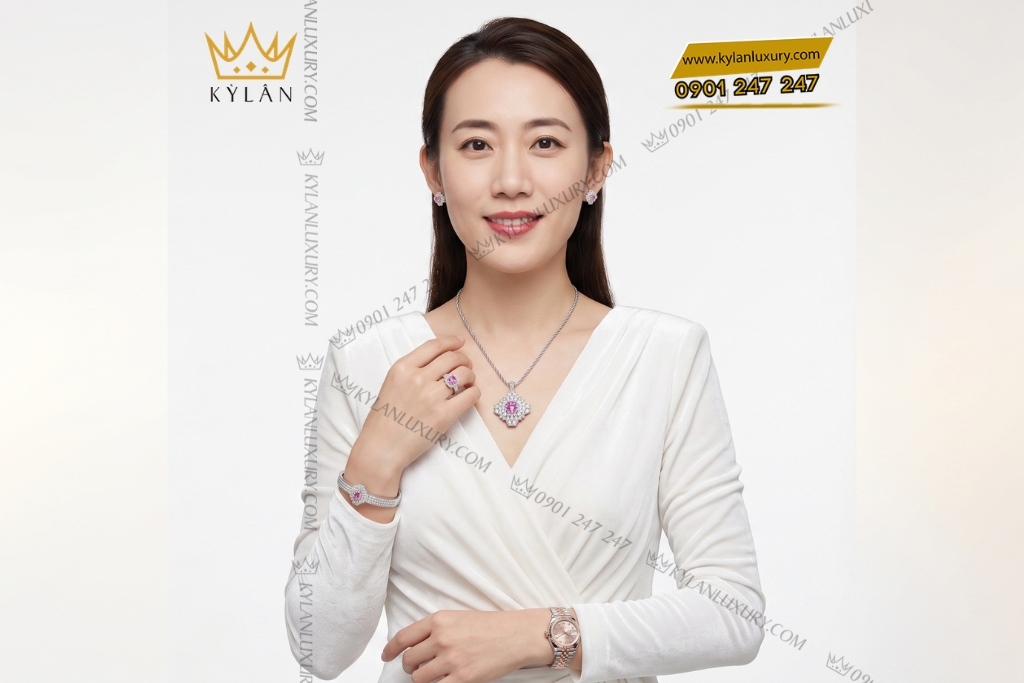Kỳ Lân Luxury Bo trang suc kim cuong dinh sapphire hong 10 Bộ trang sức kim cương đính sapphire hồng