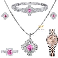 Bộ trang sức kim cương đính sapphire hồng