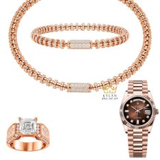 Bộ trang sức nam vàng hồng Au750 đính kim cương