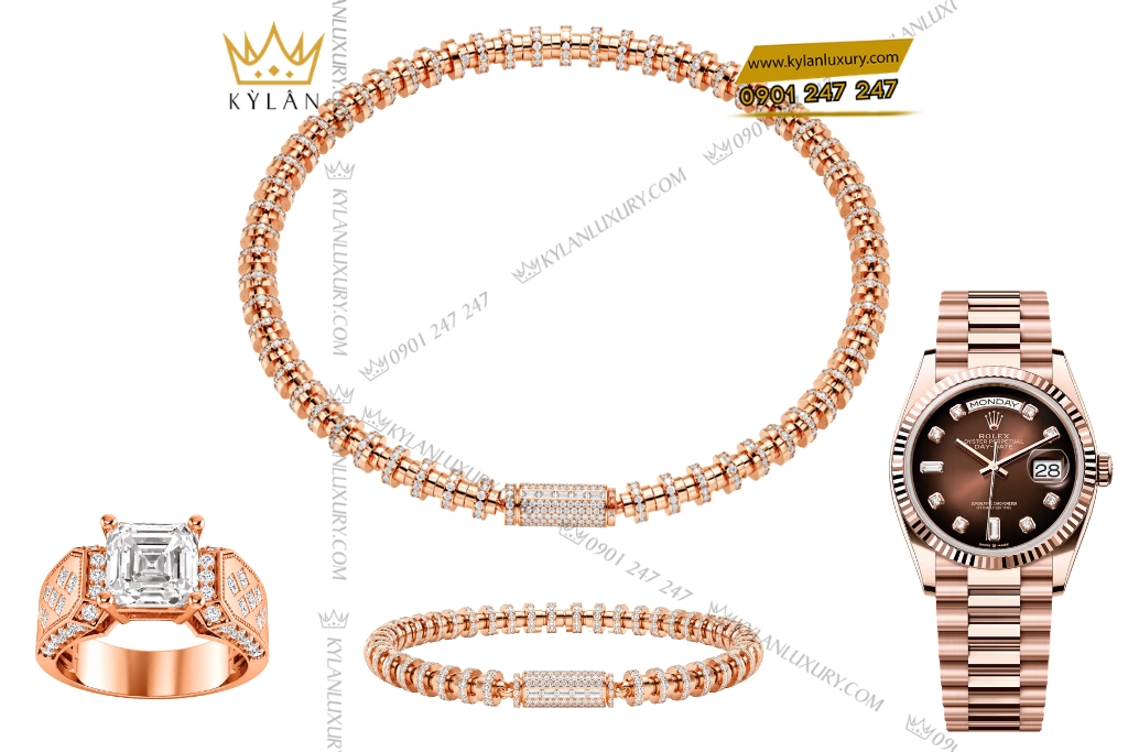 Kỳ Lân Luxury Bo trang suc nam vang hong Au750 dinh kim cuong 2 Bộ trang sức nam vàng hồng Au750 đính kim cương