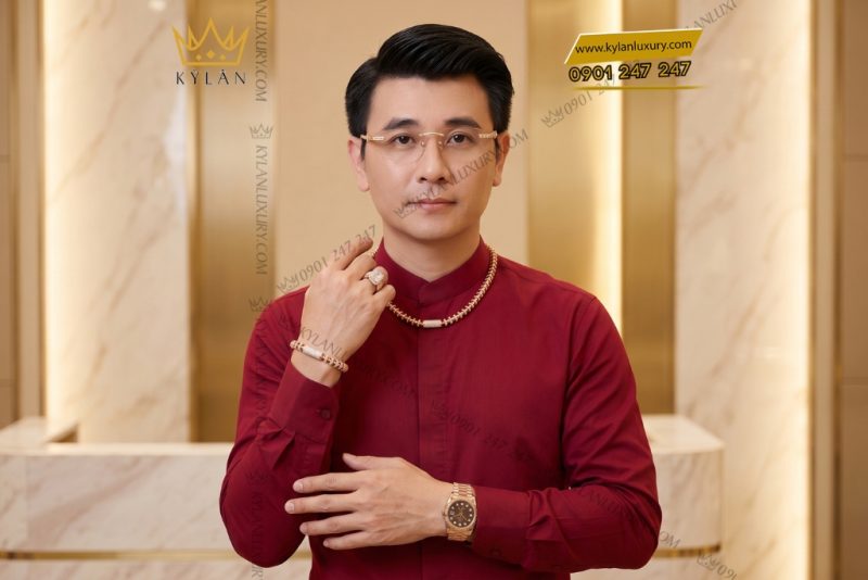 Bộ trang sức nam vàng hồng Au750 đính kim cương