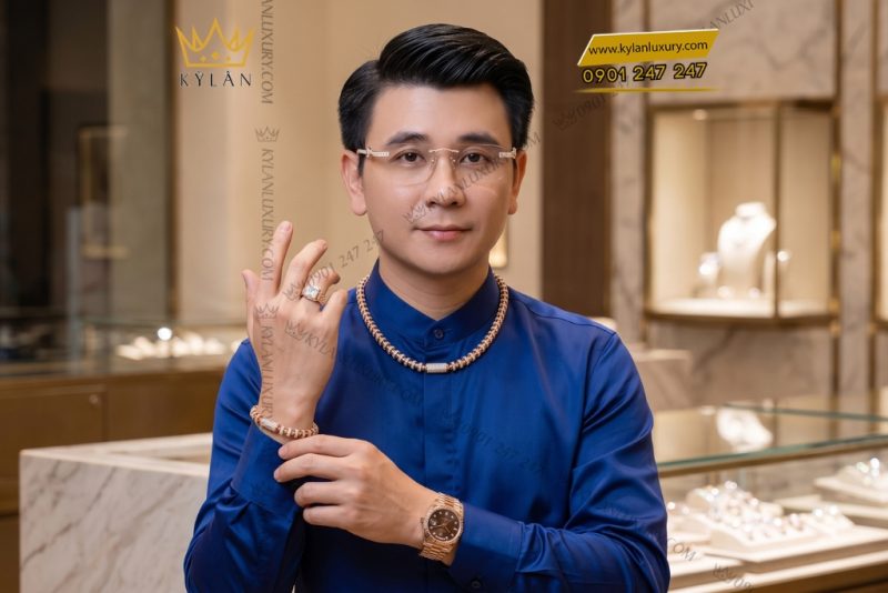 Bộ trang sức nam vàng hồng Au750 đính kim cương