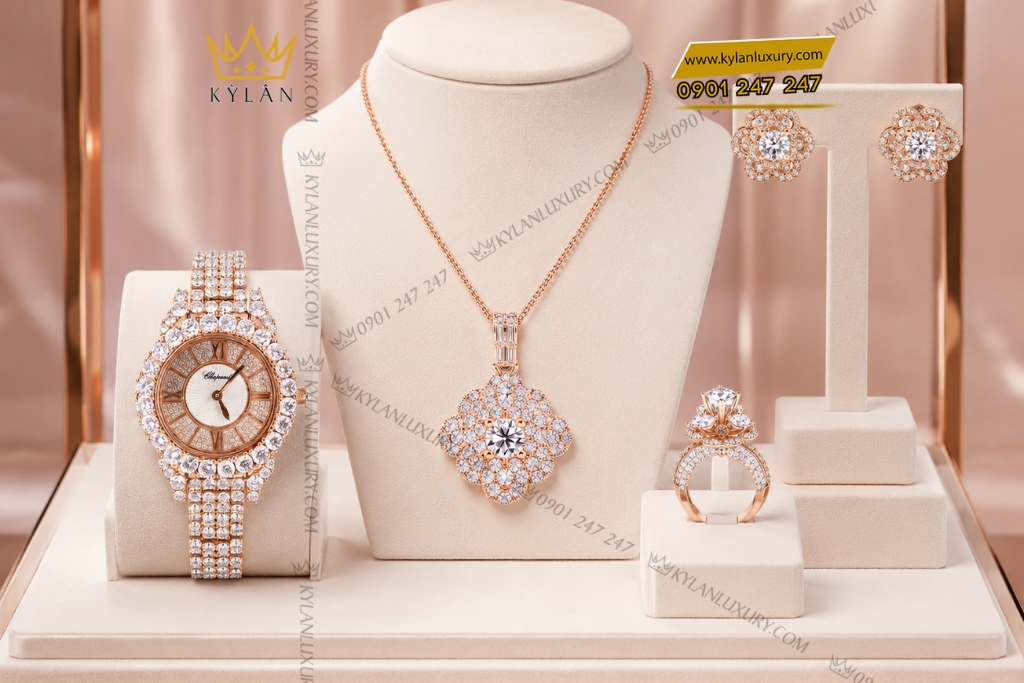 Bộ trang sức vàng hồng đính kim cương