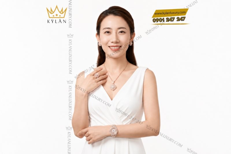 Bộ trang sức vàng hồng đính kim cương