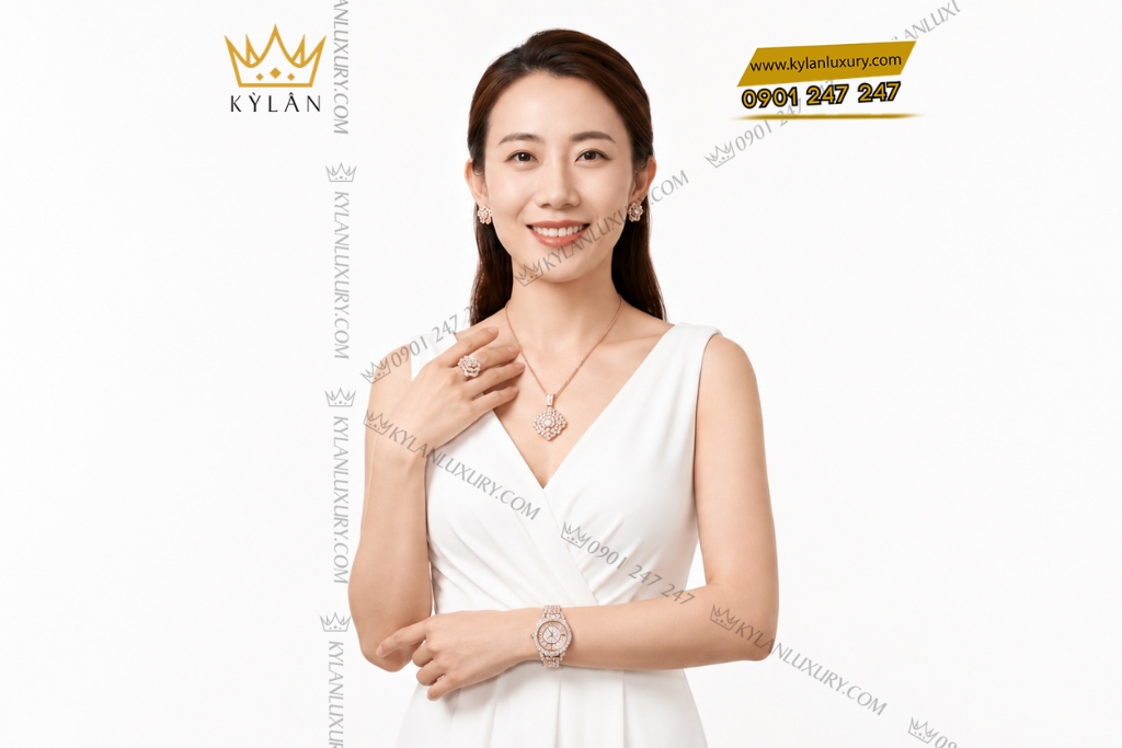 Bộ trang sức vàng hồng đính kim cương