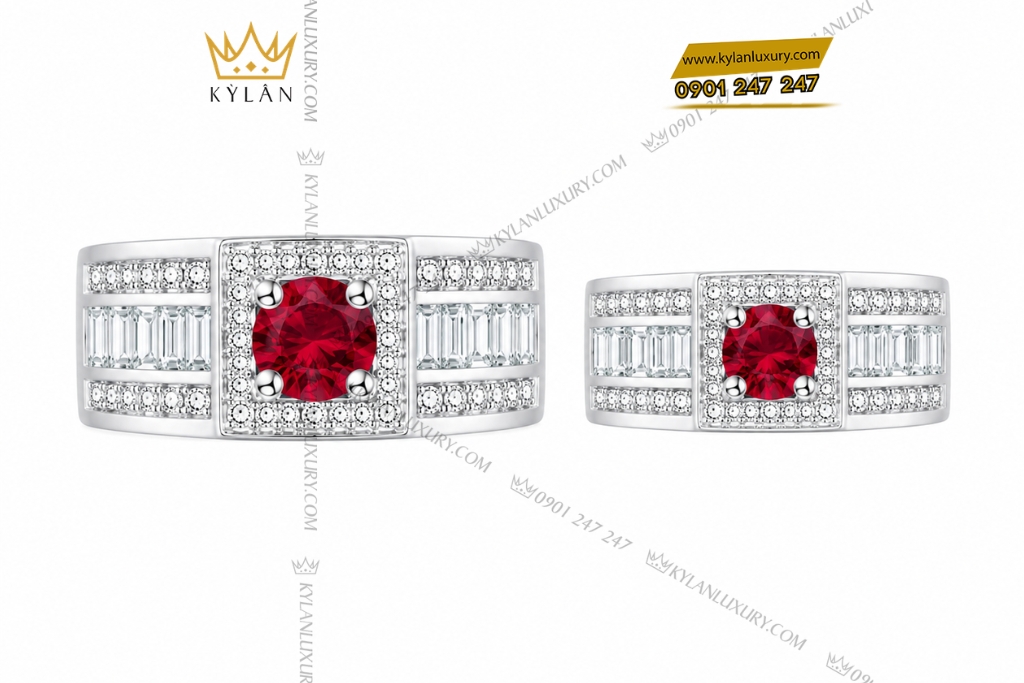 Nhẫn cặp vàng trắng Au750 đính sapphire đỏ 3 Nhẫn cặp vàng trắng Au750 đính sapphire đỏ
