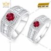 Nhẫn cặp vàng trắng Au750 đính sapphire đỏ