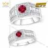 Nhẫn cặp vàng trắng Au750 đính sapphire đỏ