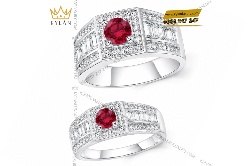Nhẫn cặp vàng trắng Au750 đính sapphire đỏ 9 Kỳ Lân Luxury Cap nhan vang trang Au750 dinh sapphire do 3 Nhẫn cặp vàng trắng Au750 đính sapphire đỏ